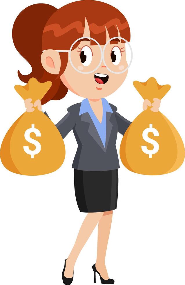 Business Woman Cartoon Character Holding Dollar Money Bags vector