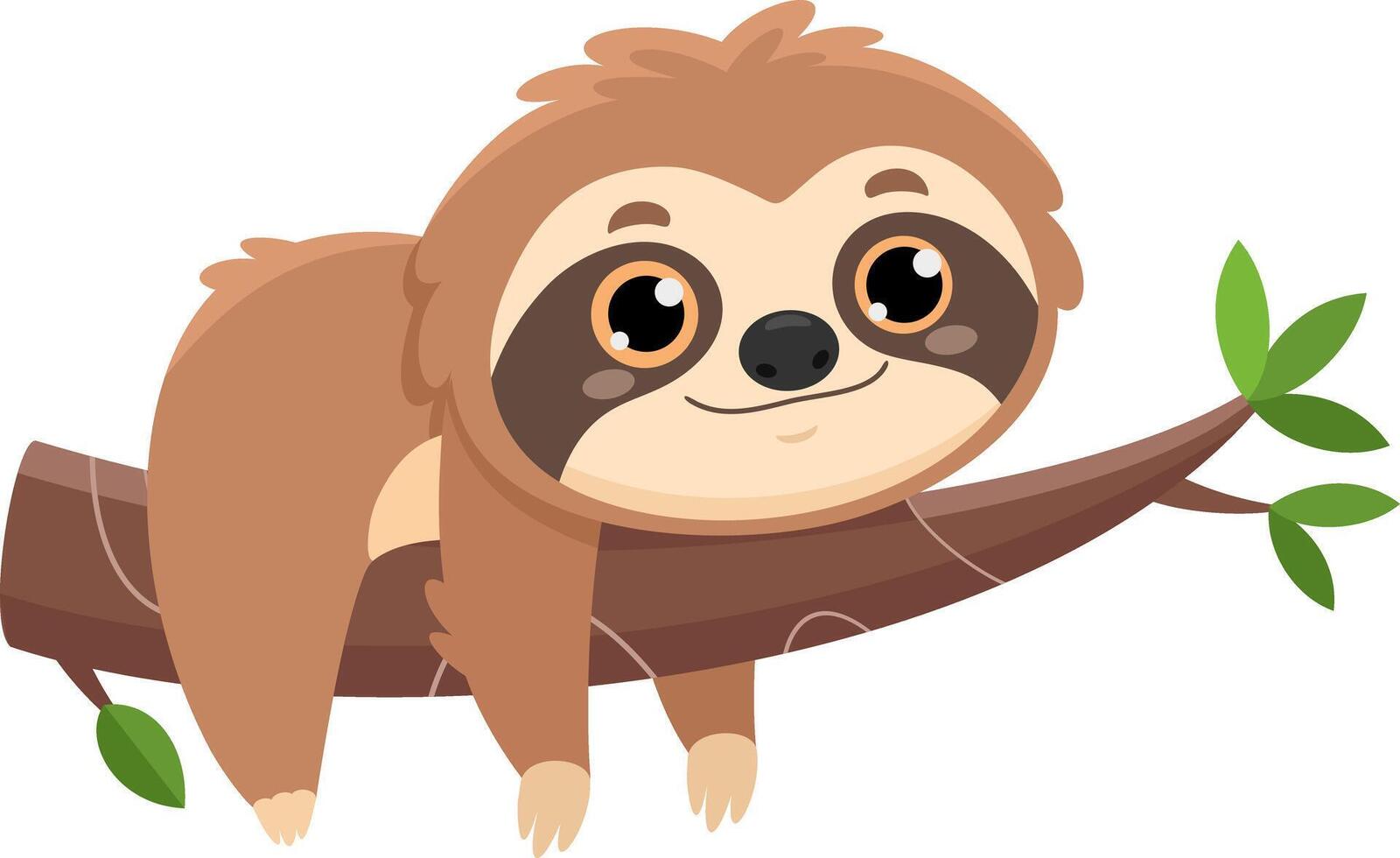 Funny Cute Sloth Cartoon Character Lies On Thick Branch Of Tree vector