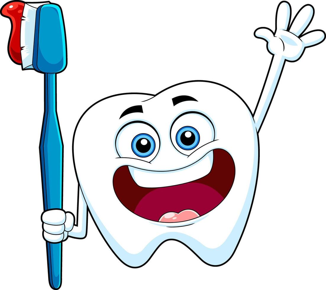 Cute Tooth Cartoon Character Holding A Toothbrush And Waving vector