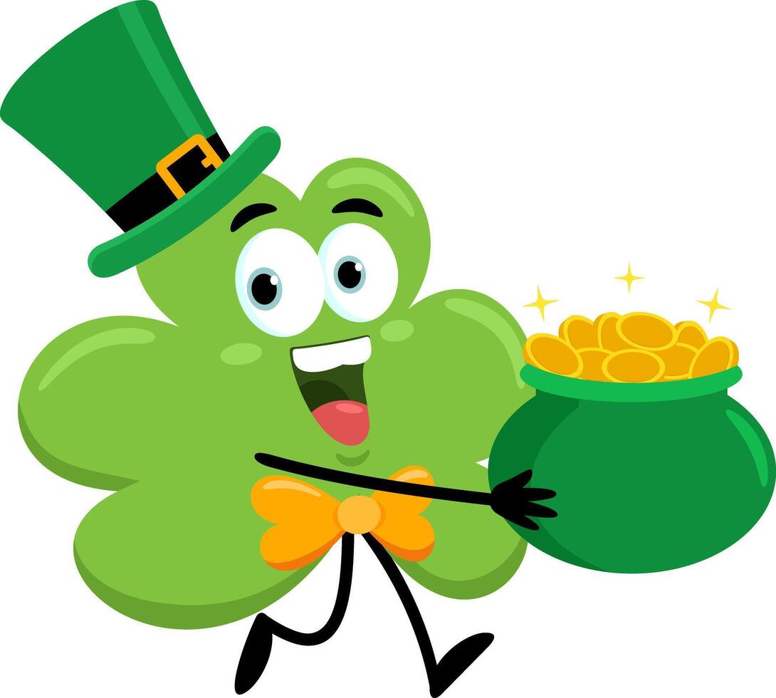 St. Patrick's Clover Leaf Cartoon Character Running With Pot Full Of Gold Coins vector
