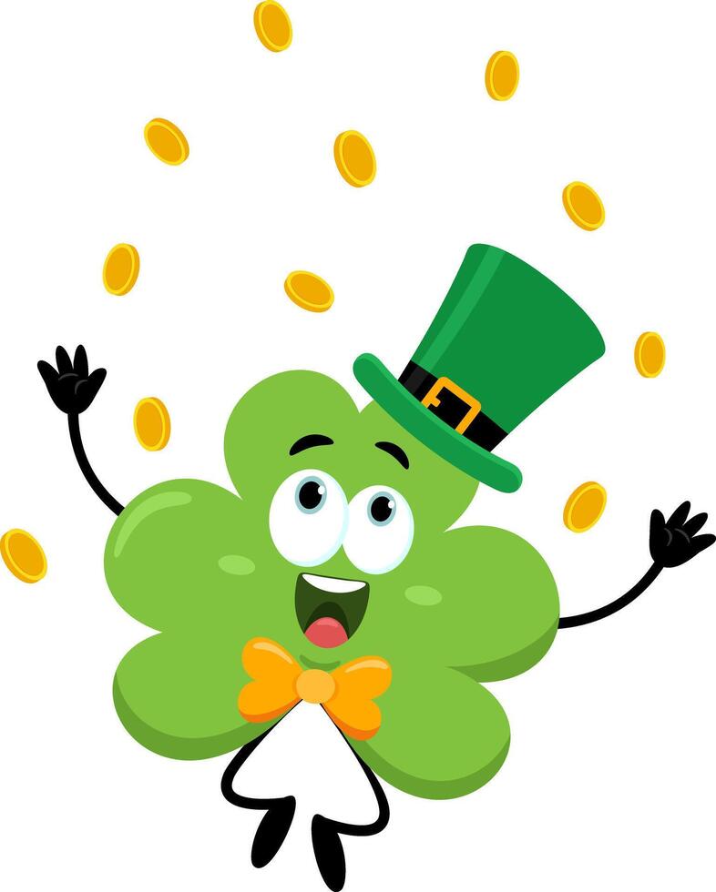 St. Patrick's Clover Leaf Cartoon Character Jumping Under A Rain Of Golden Coins vector