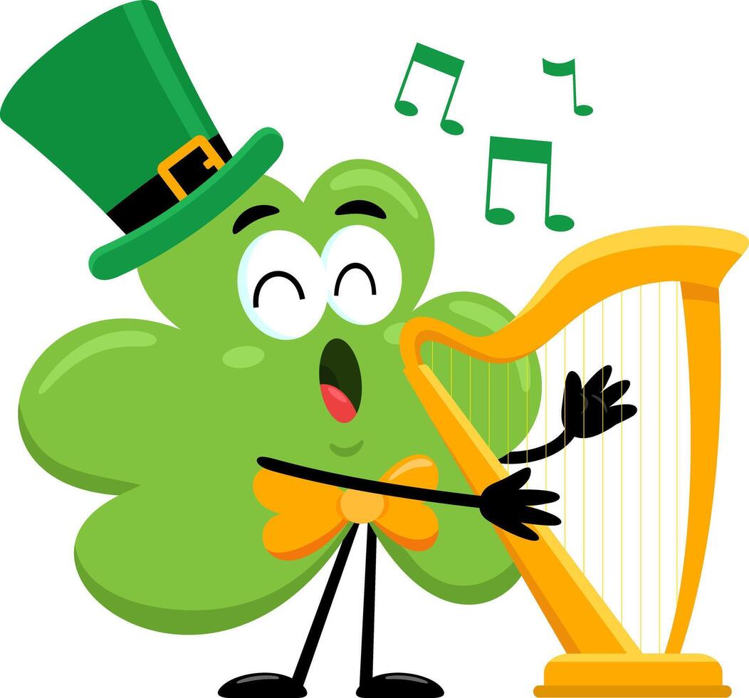 St. Patrick's Clover Leaf Cartoon Character Sing A Song With Harp vector