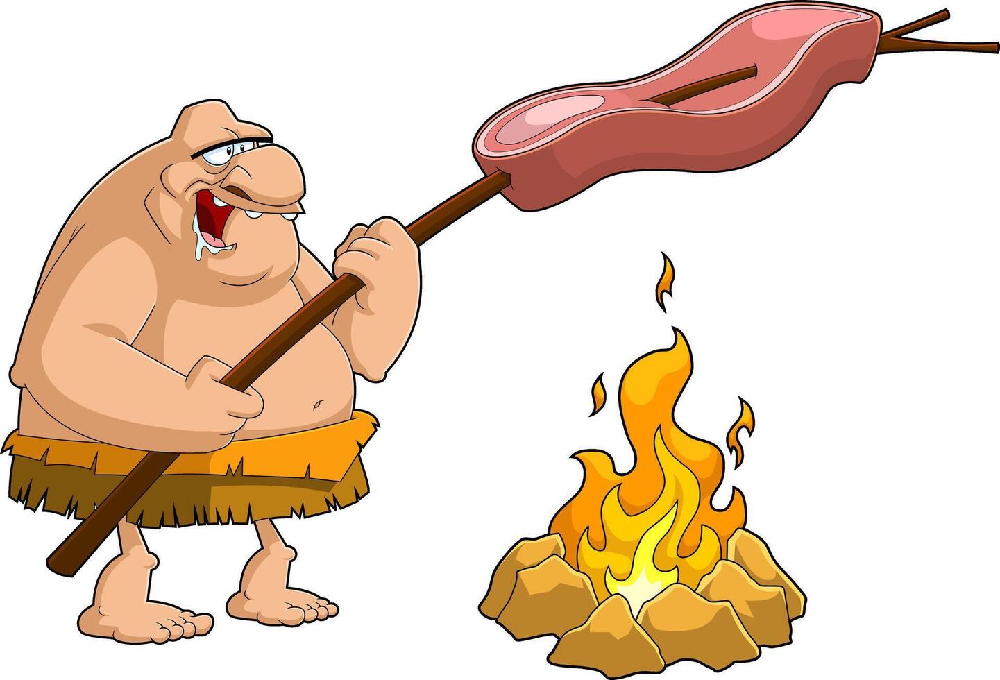 Stupid Caveman Cartoon Character Cooking A Big Steak vector