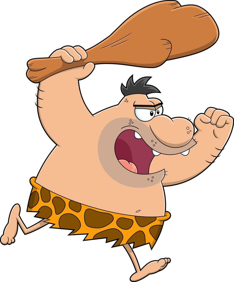 Angry Caveman Cartoon Character Running With Club vector