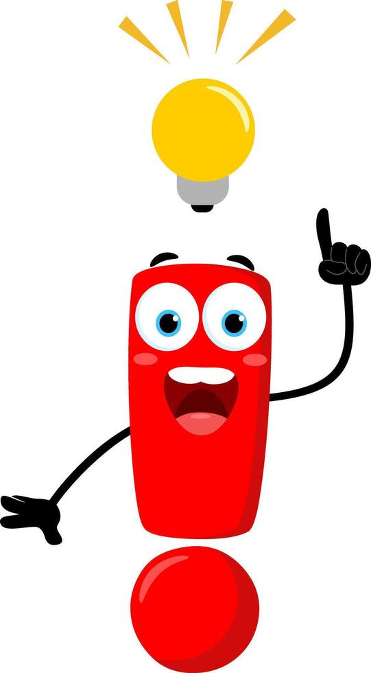 Cute Red Exclamation Mark Cartoon Character With Idea And Pointing Finger vector