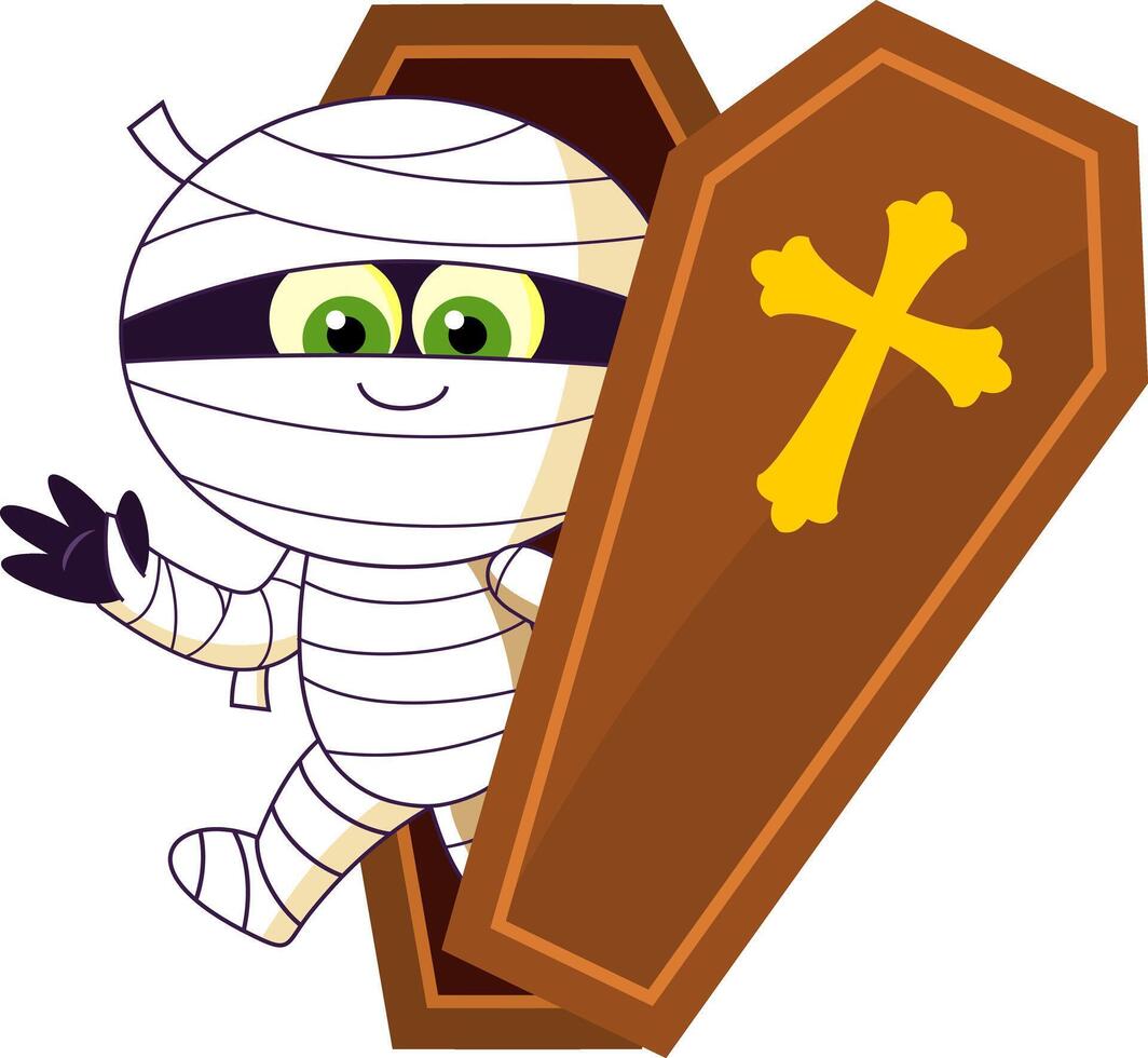 Cute Hallooween Mummy Cartoon Character Stepping Out Of A Coffin vector