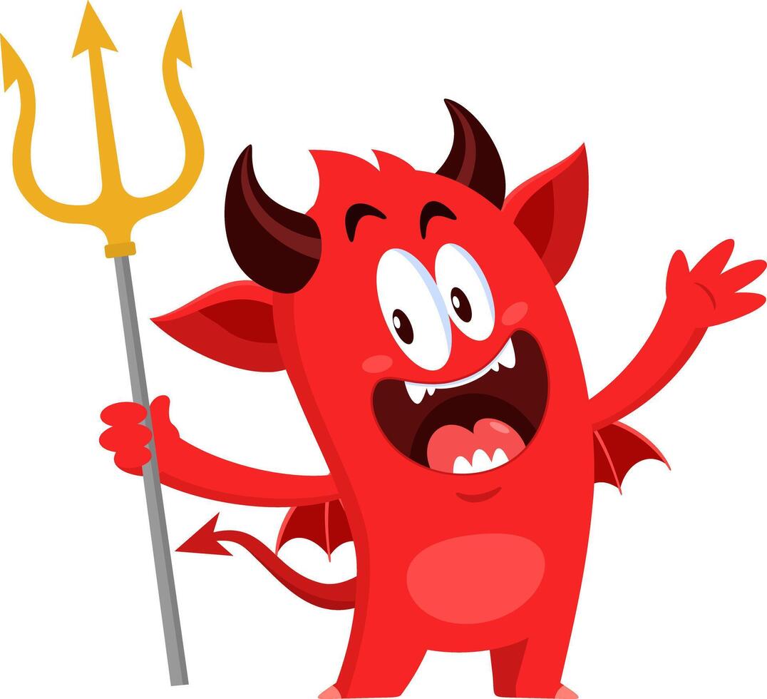 Cute Halloween Red Devil Cartoon Character Holding Up A Pitchfork vector