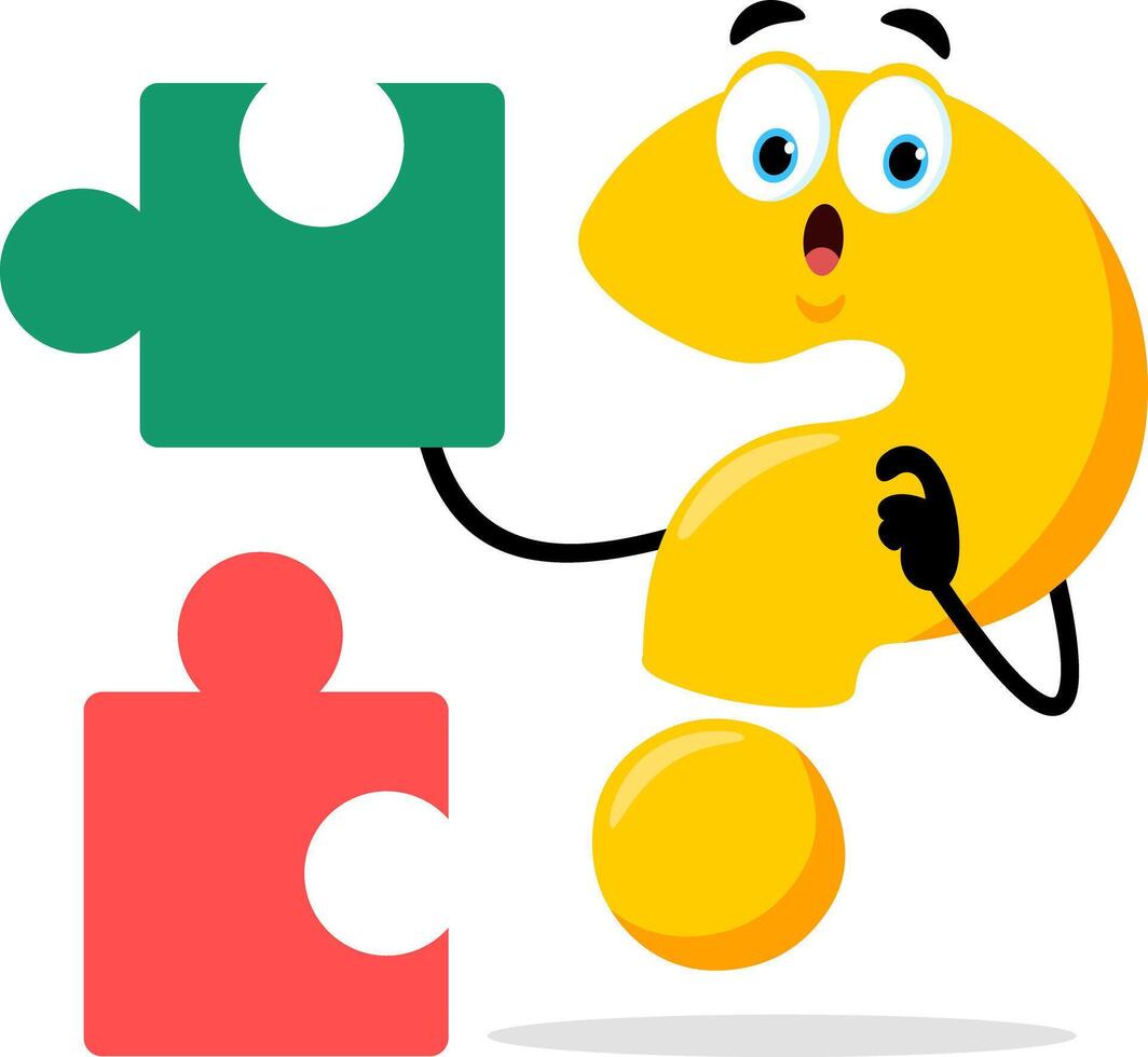 Cute Yellow Question Mark Cartoon Character With Puzzle Piece vector