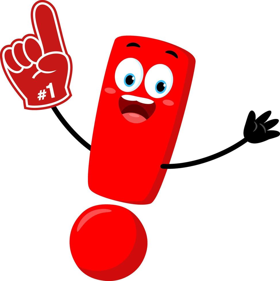 Cute Red Exclamation Mark Cartoon Character Wearing A Foam Finger vector