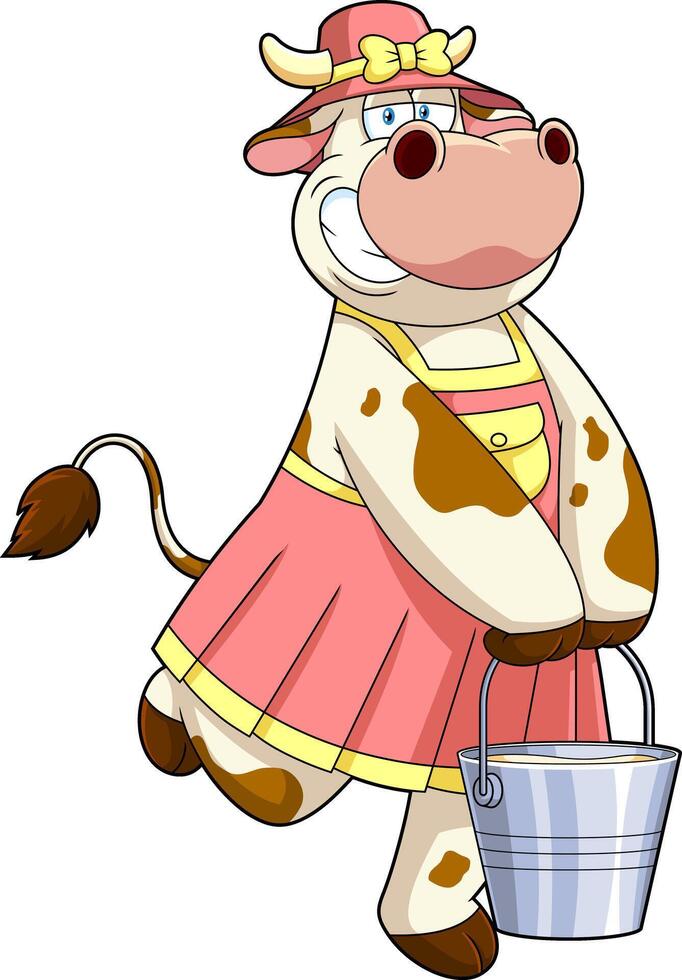 Cute Cow Cartoon Character With A Bucket Of Milk vector