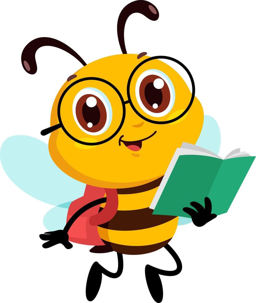 Cute School Bee Cartoon Character Flying With Backpack And Notebook vector