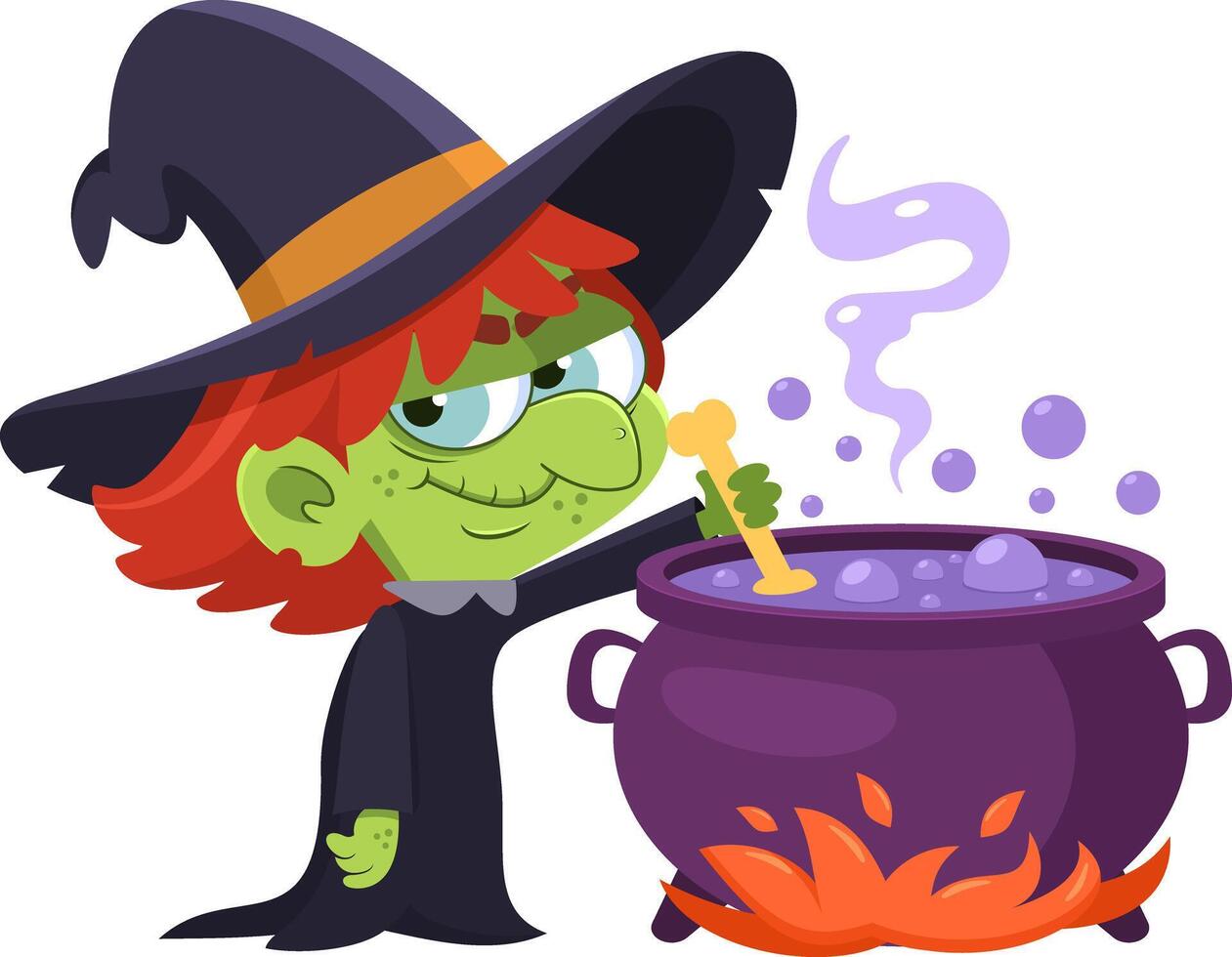 Cute Halloween Witch Cartoon Character Preparing A Potion In A Cauldron vector