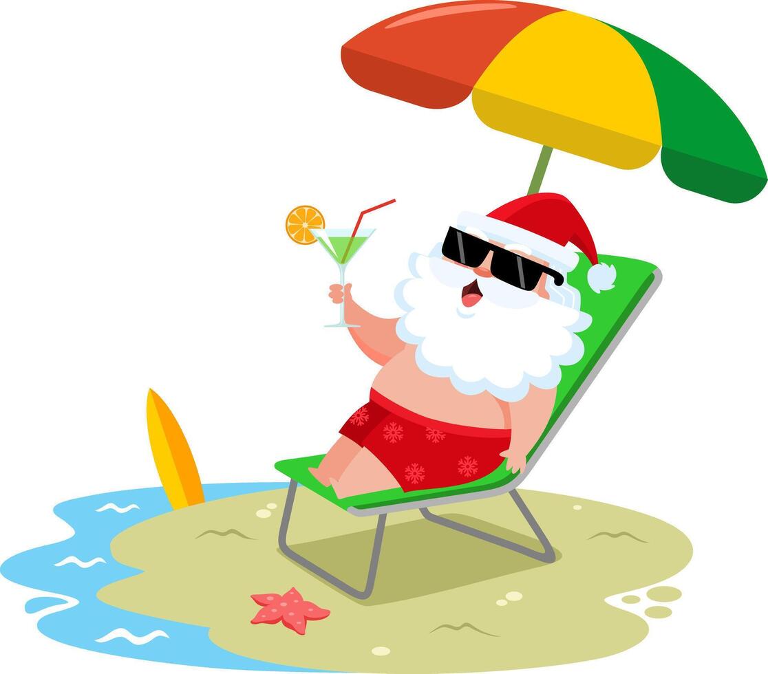 Summer Santa Claus Cartoon Character Lying In Deck Chair And Drinking Cocktail In The Beach vector