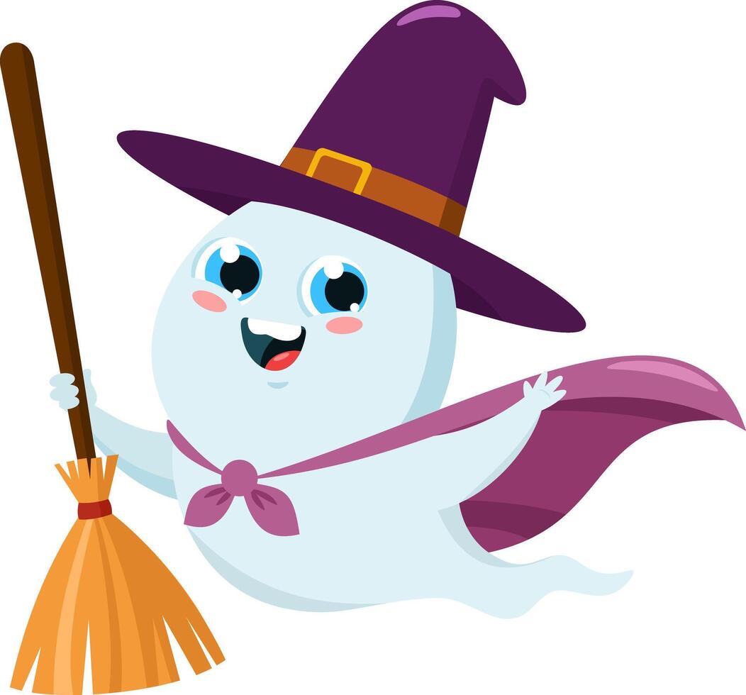 Cute Halloween Ghost Cartoon Character With Witch Hat And Broom Flying vector