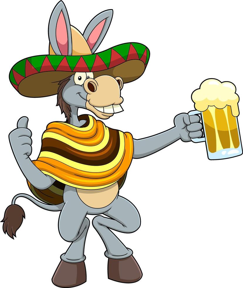 Mexican Donkey Cartoon Character Holding A Mug Of Beer And Giving The Thumbs Up vector
