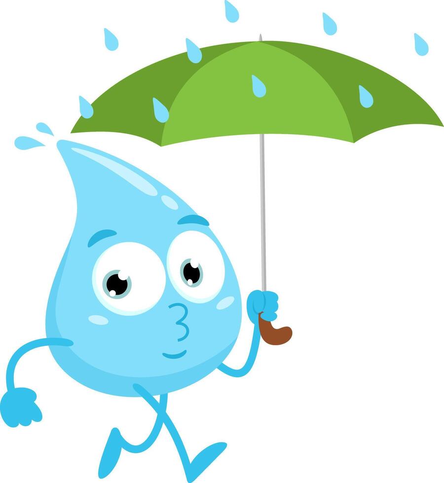 Blue Water Drop Cartoon Character Walking With Umbrella Under The Rain vector