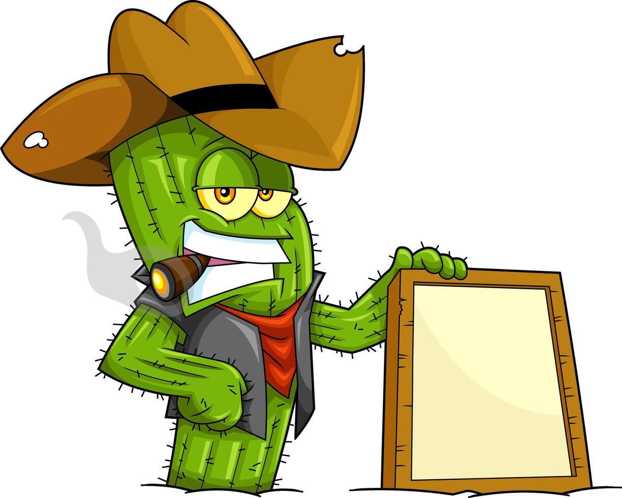 Funny Cactus Cowboy Cartoon Character Holding Wooden Blank Sign vector