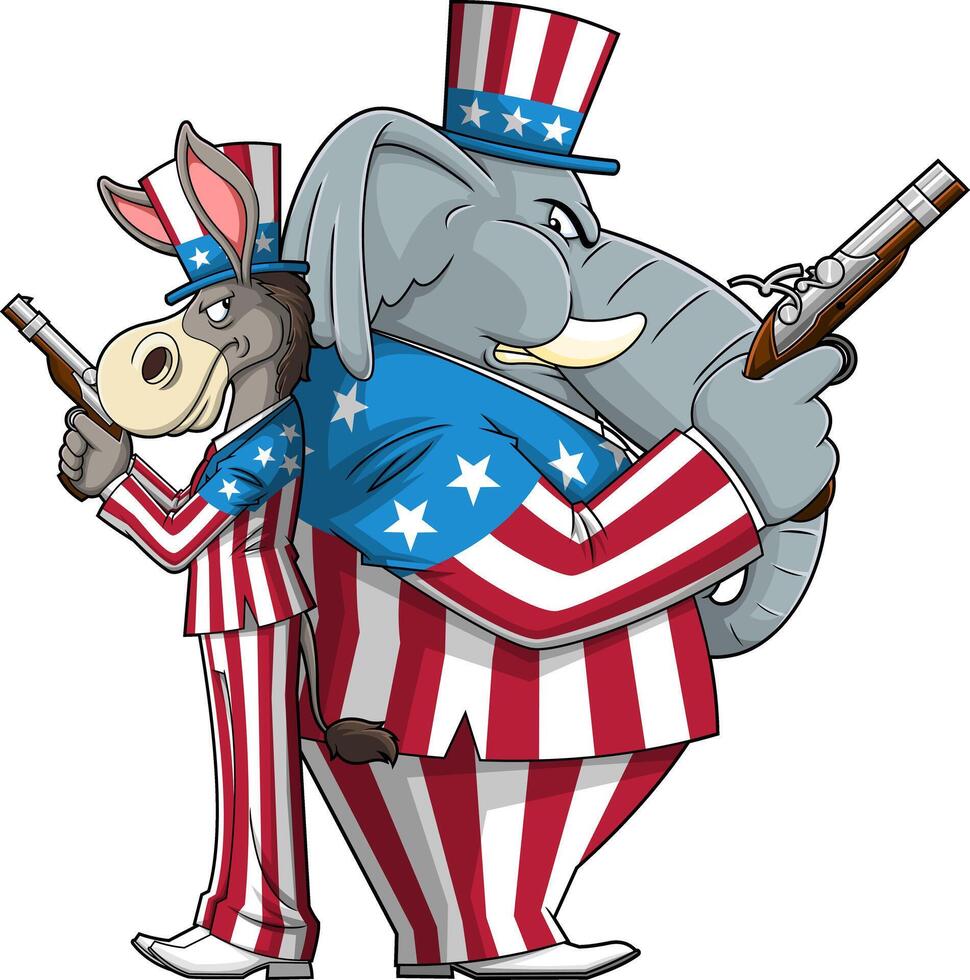 Democrat Donkey vs Republican Elephant Cartoon Characters Hold Pistols In A Duel vector