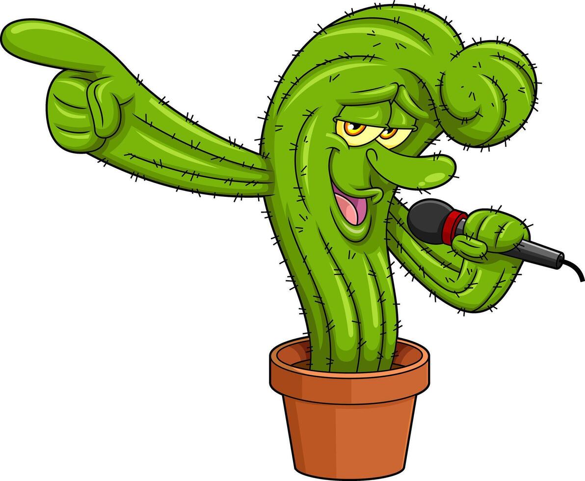 Funny Cactus Cartoon Character In Pot Singing Into A Microphone vector