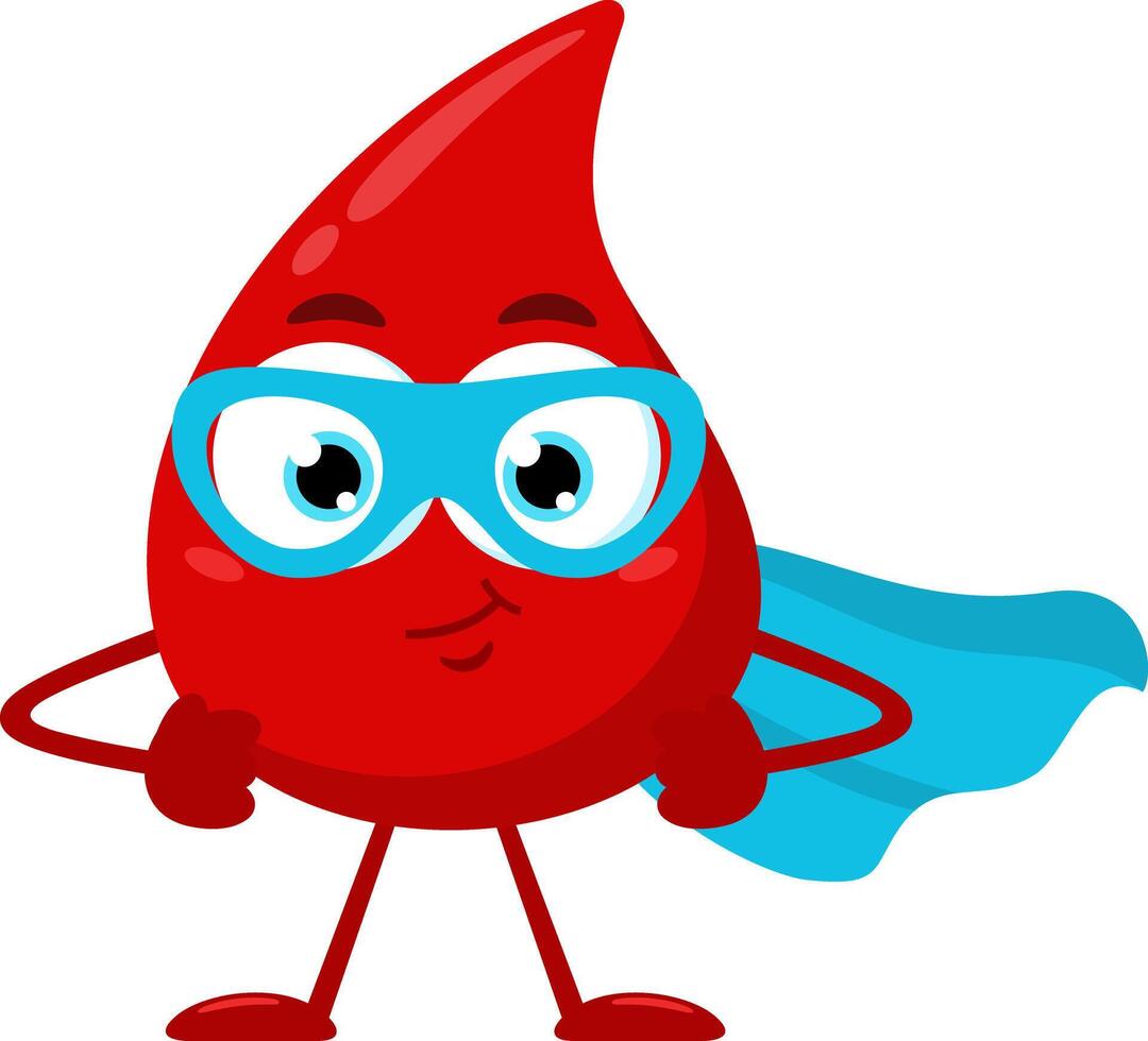Cute Red Blood Drop Cartoon Character SuperHero vector