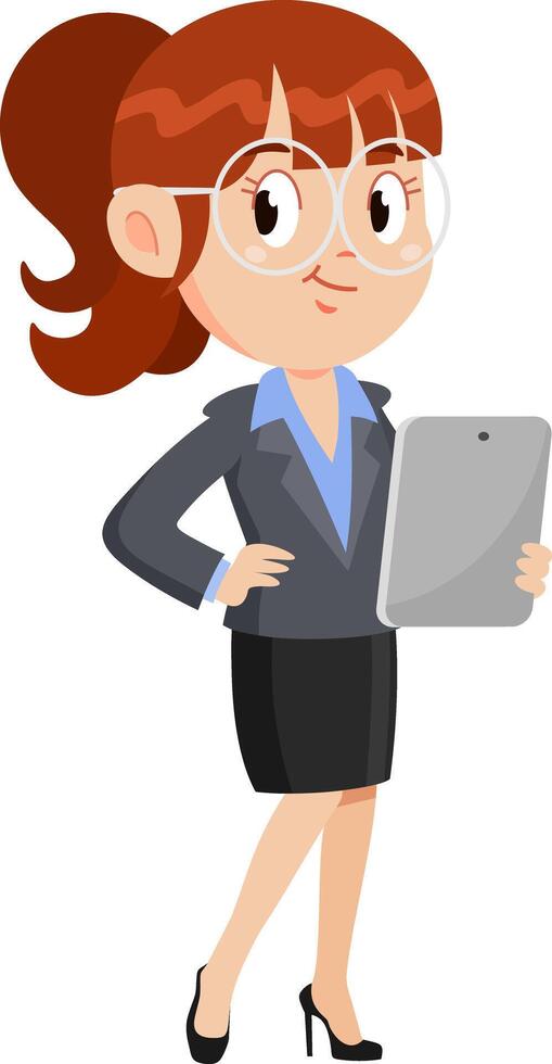 Confident Business Woman Cartoon Character Holding A Tablet PC vector