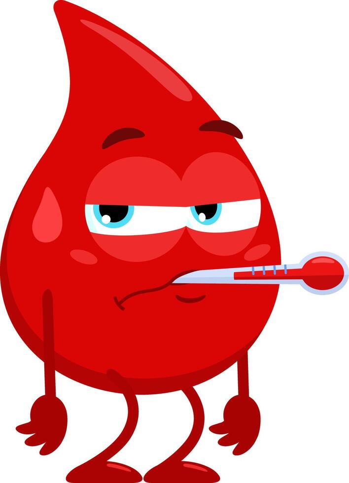 Sick Red Blood Drop Cartoon Character With Thermometer vector