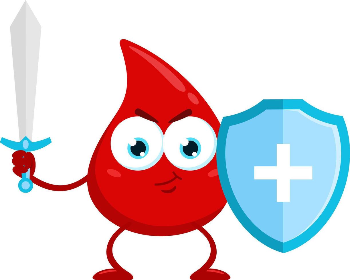 Cute Red Blood Drop Cartoon Character Guards With Shield And Sword vector