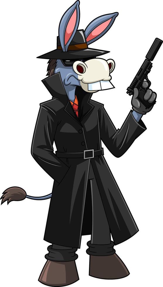 Donkey Spy Secret Agent Cartoon Character Holding A Gun vector