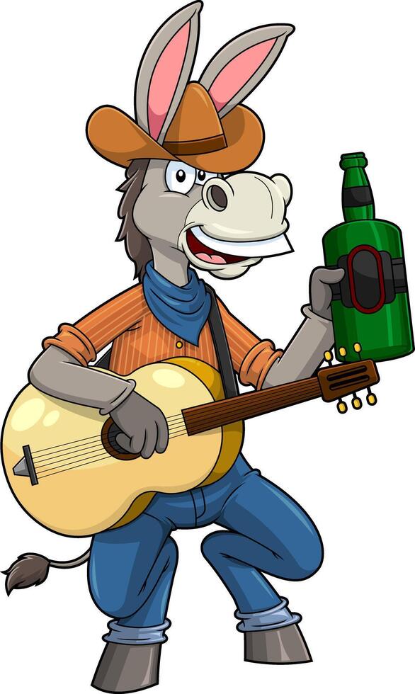 Donkey Jackass Cowboy Cartoon Character With Guitar And Whiskey Bottle vector