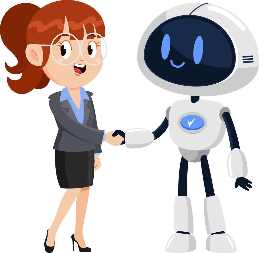 Business Woman And AI Robot Cartoon Characters Shaking Hands At Meeting vector