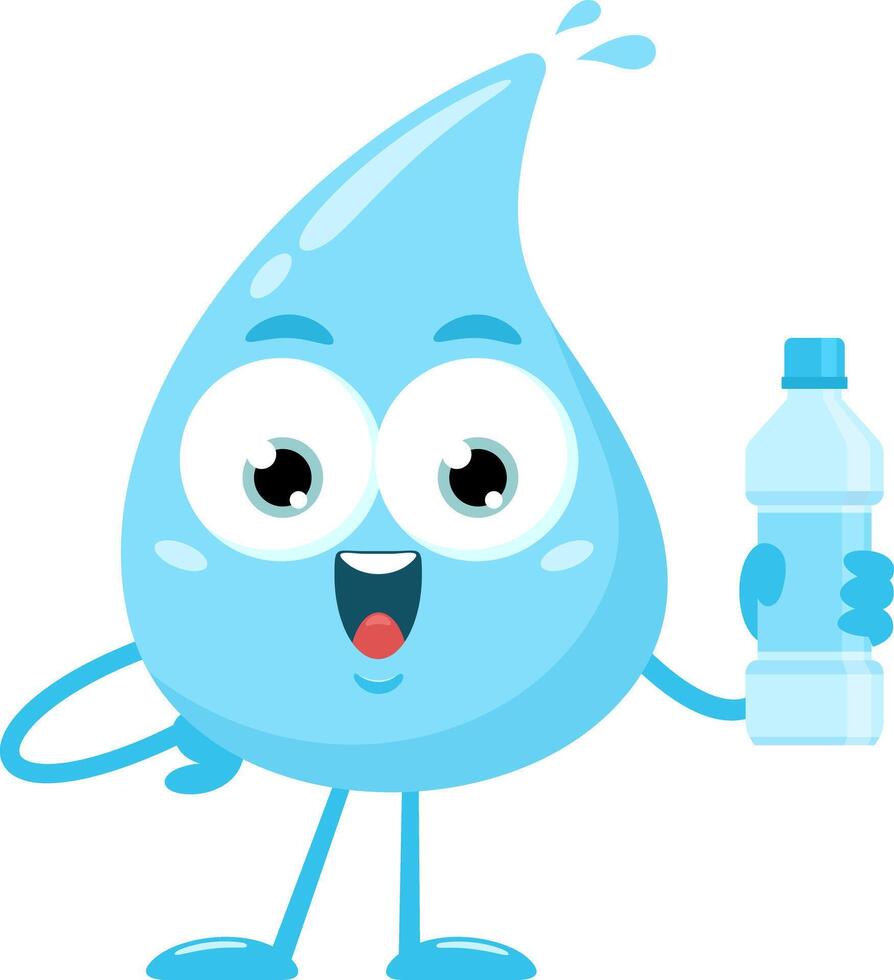 Blue Water Drop Cartoon Character Present Pure Water Bottle vector