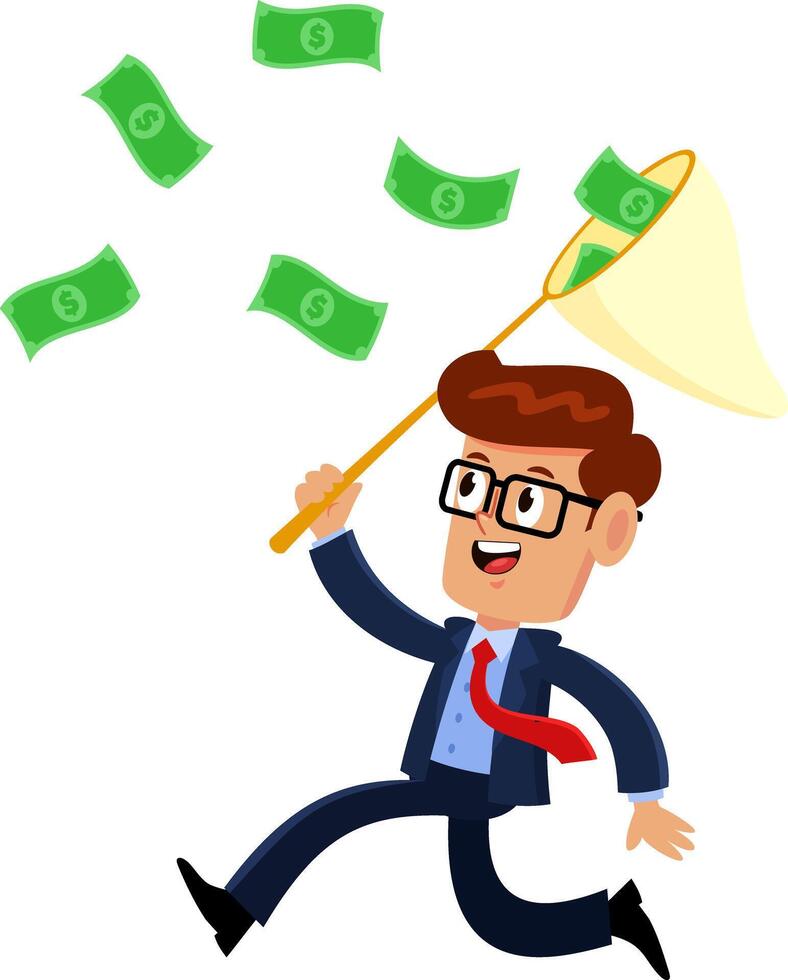 Happy Businessman Cartoon Character Chasing Flying Money With A Net vector