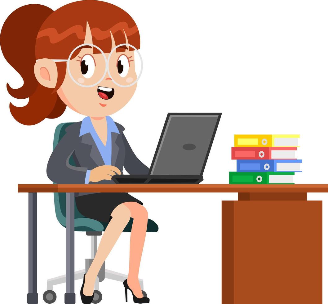 Business Woman Cartoon Character Sitting On The Desk With A Laptop And Documents vector