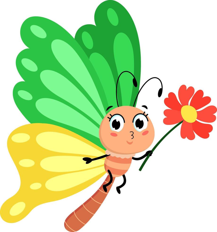 Cute Butterfly Cartoon Character Fly With Flower vector