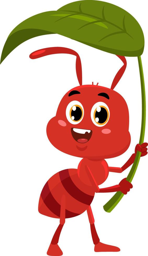 Cute Ant Cartoon Character Holding A Big Leaf vector