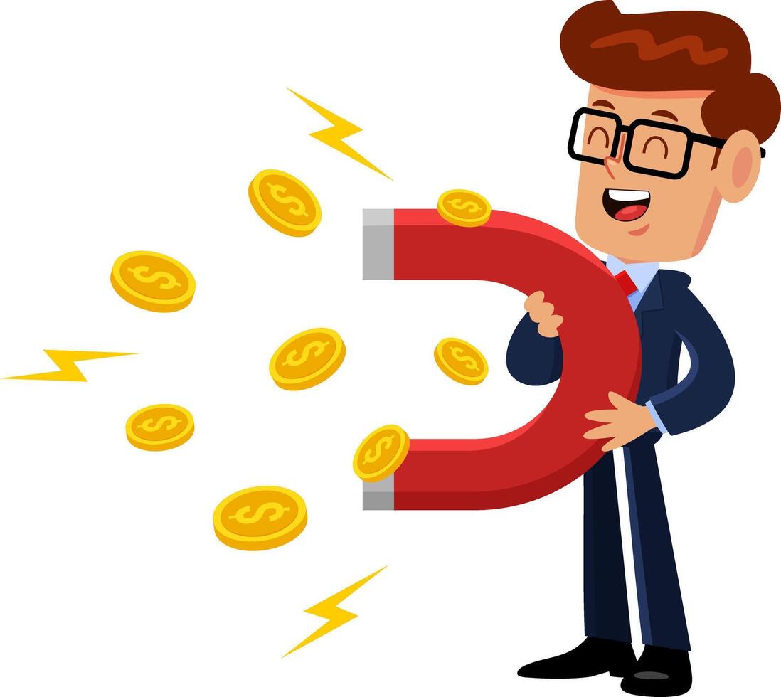 Happy Businessman Cartoon Character Holding A Horseshoe Magnet Attracting Gold Coins vector