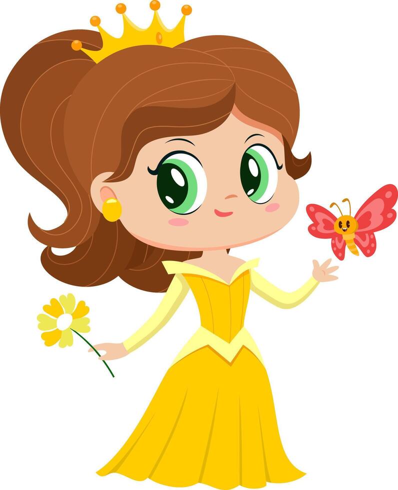 Cute Little Princess Girl Cartoon Character With Flower And Butterfly vector