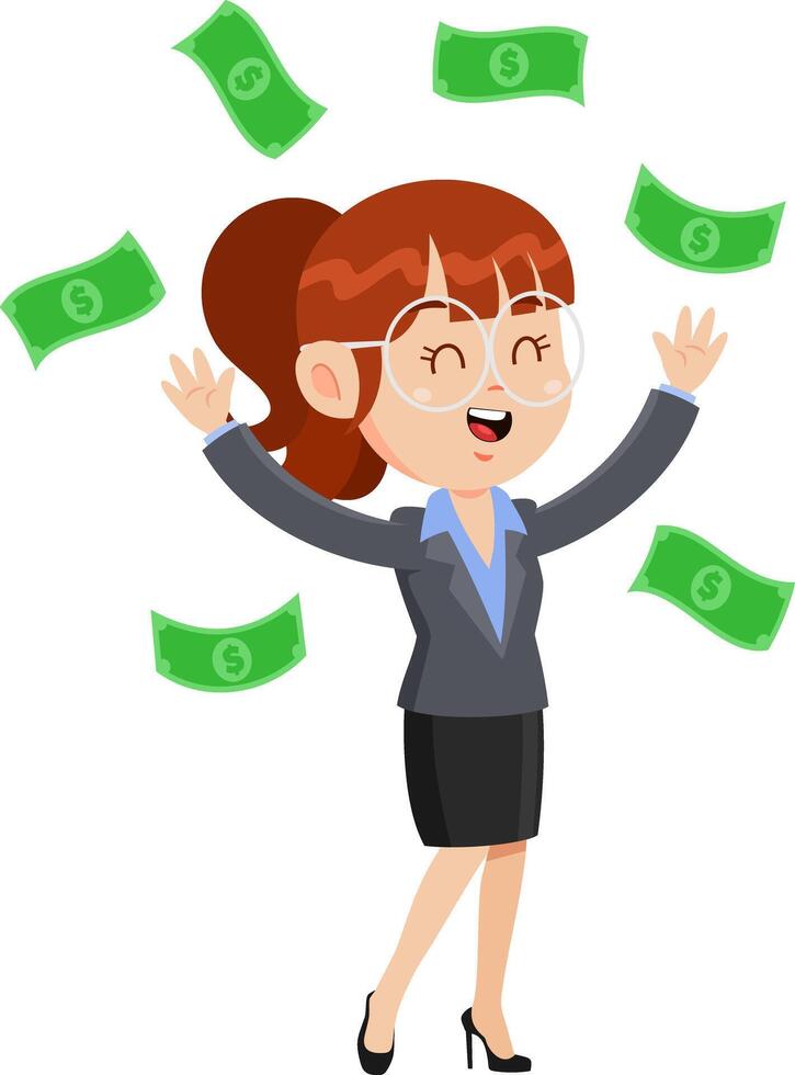 Happy Business Woman Cartoon Character Tossing Money Up In The Air vector