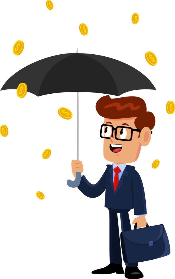 Businessman Cartoon Character With Umbrella Under A Rain Of Coins vector