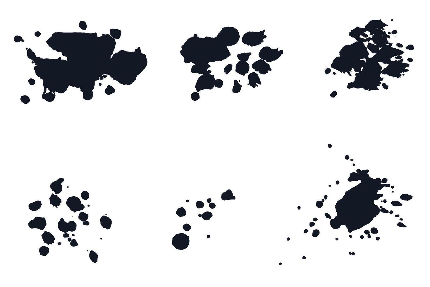 Black ink blots with drops. Splatter collection. Liquid grunge splashes. Each isolated on white background vector
