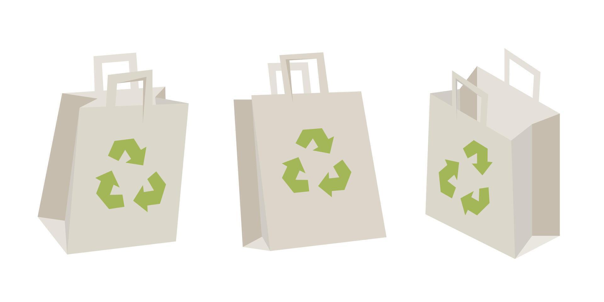 Paper shopping bag mockups. Eco package. Paper package isolated on white background with recycling symbol and shadow vector