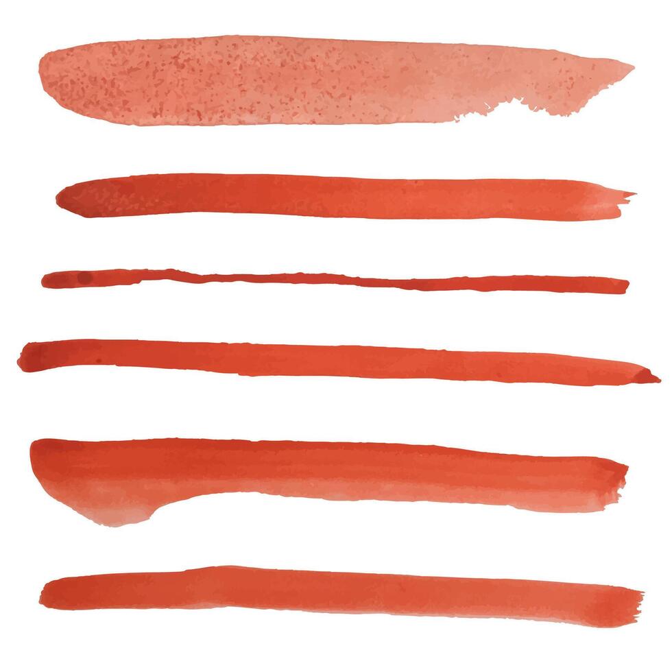 Red orange grunge textured watercolor paint brush strokes. Design elements each isolated on white vector