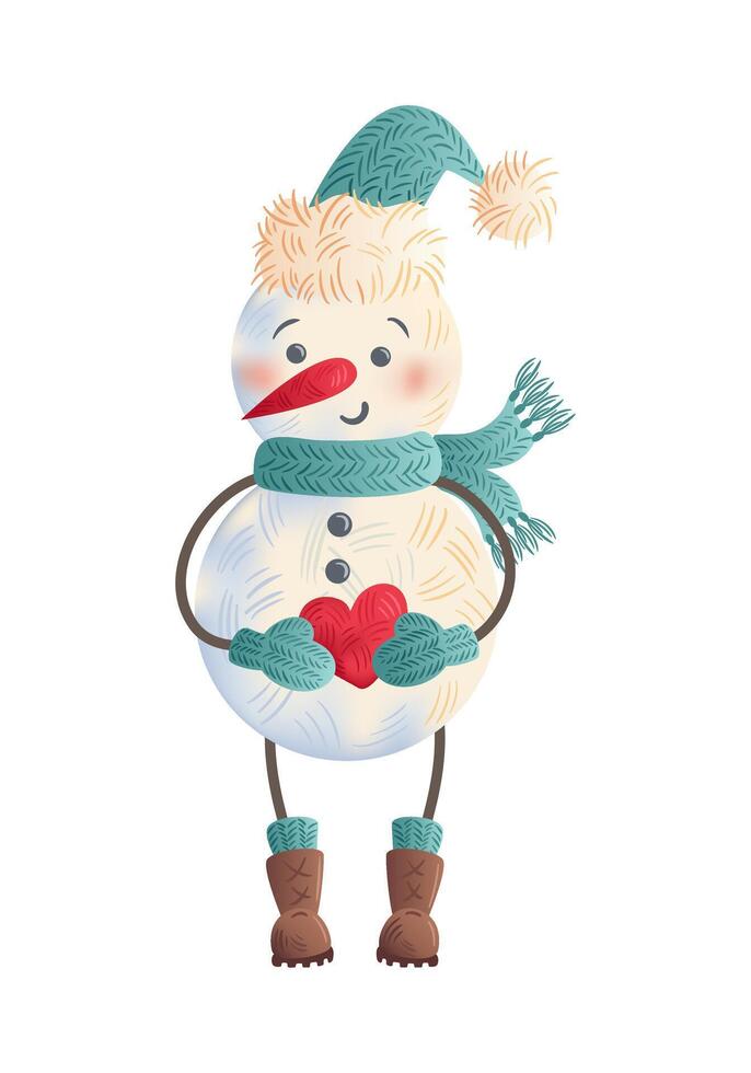 Charming and festive Snowman with a heart perfect for your Winter Holiday Decorations. Cute childrens Christmas character. illustration in watercolor style. For sticker, postcard, design element. vector