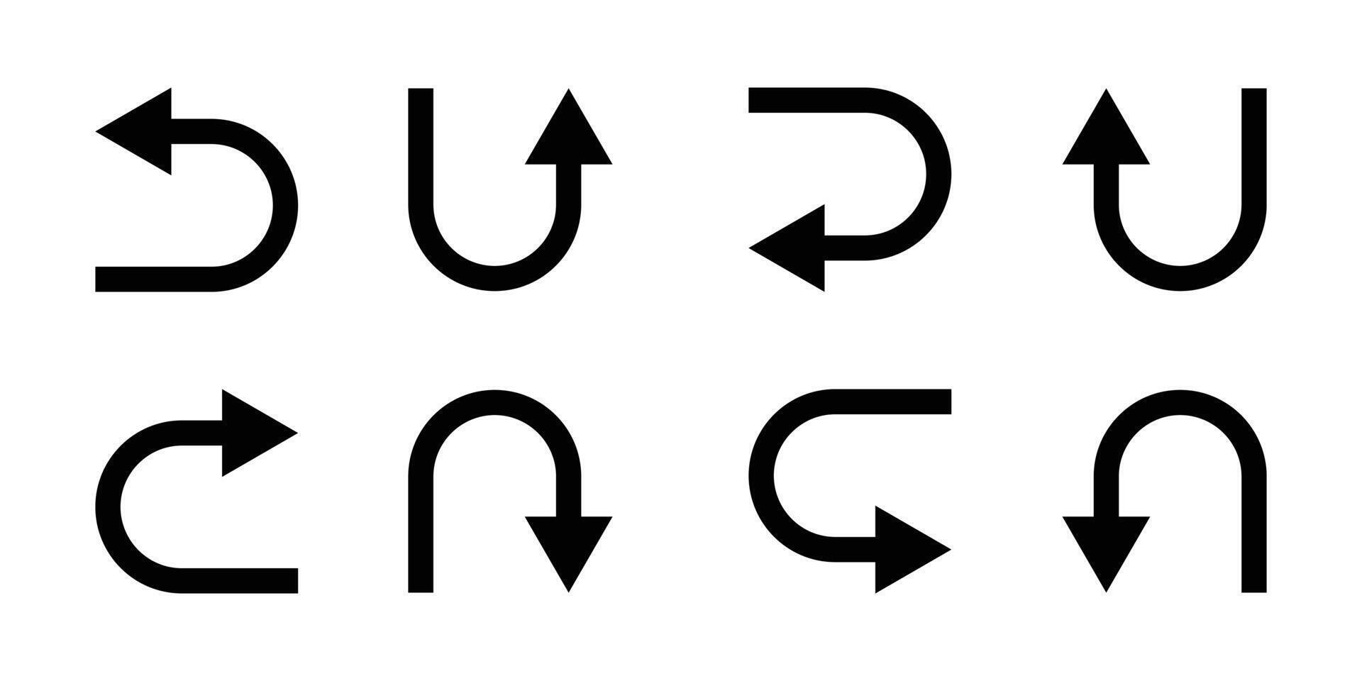 U turn arrow symbol icon set. Direction Icon Set. Go Straight This Way One Way Only U Turn Left and Right Black and White Arrow illustration. vector