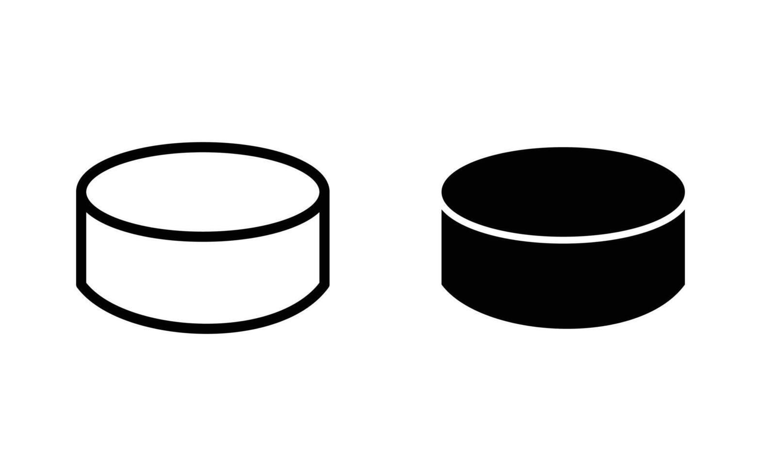 Hockey puck icon. set in black and white filled and outlined style. Sports equipment. Ice hockey game attribute. Hockey puck symbol . Ice hockey symbol. vector