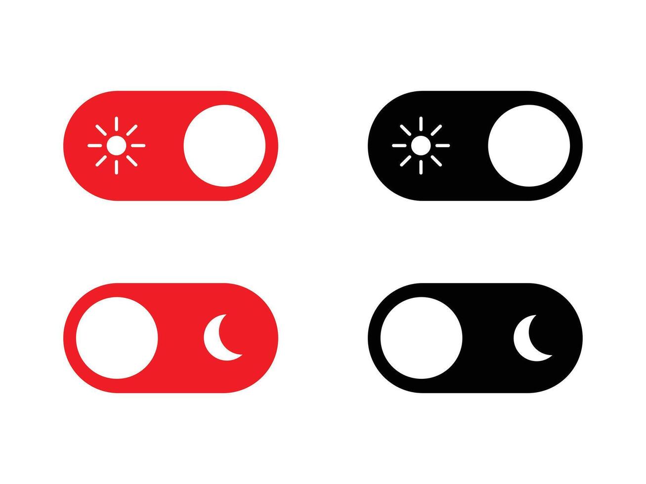 dark mode and light mode toggle switch. black, red and white day and night buttons with sun and moon icon for app, sun and moon icons vector