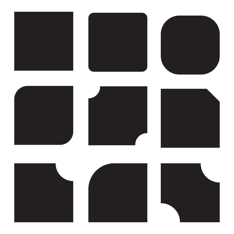 Set of 9 Square shapes icon, corner cut icon set. 9 set squared symbols with various cuts on selected corners. illustration Isolated on a white vector