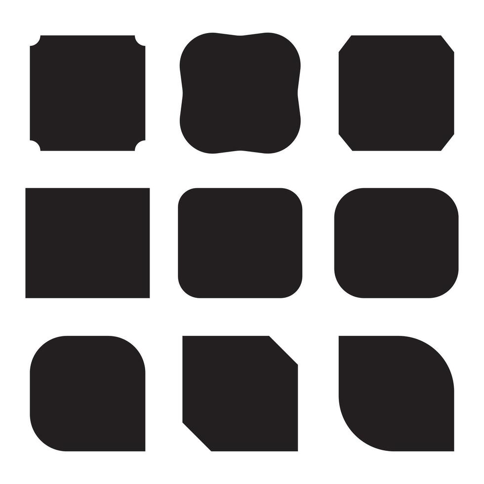 set of 9 Square shapes icon, corner cut icon set. 4 set squared symbols with various cuts on selected corners. illustration Isolated on a white vector