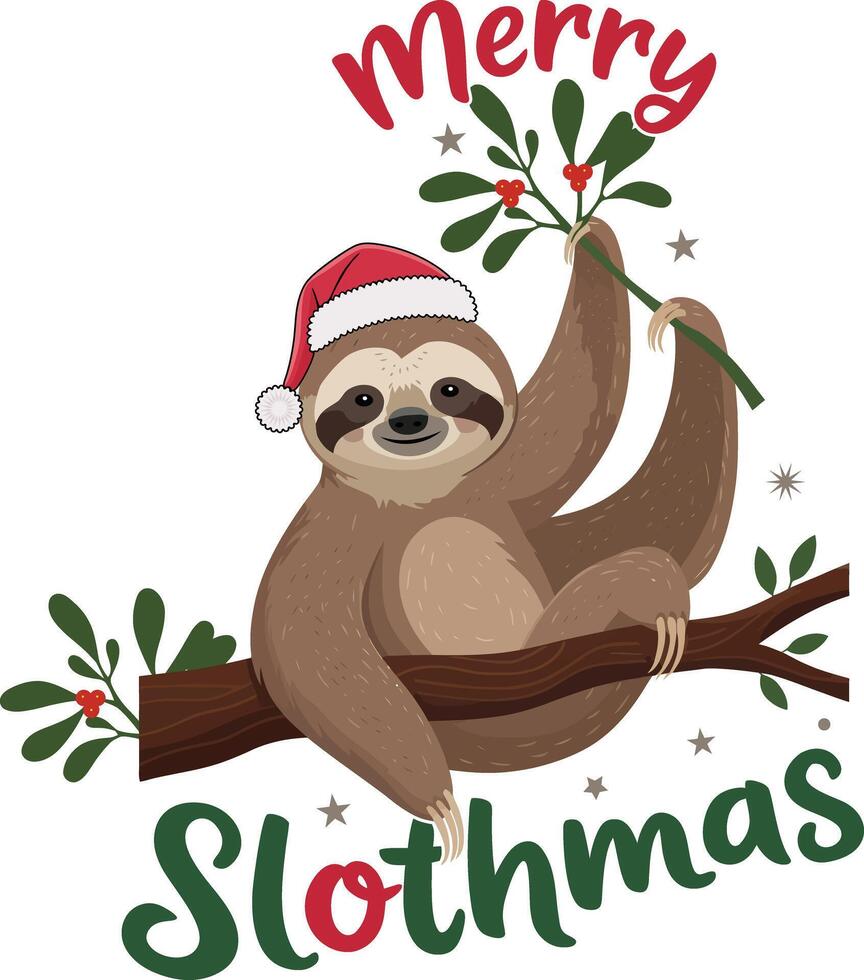 Cute Christmas Graphic Sloth, Merry Slothmas, Happy Holiday vector