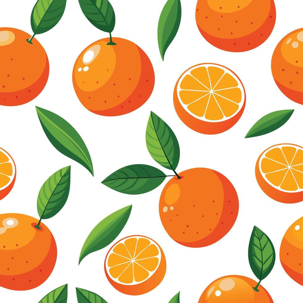 Seamless pattern of orange fruit with white flower on green mint background. vector